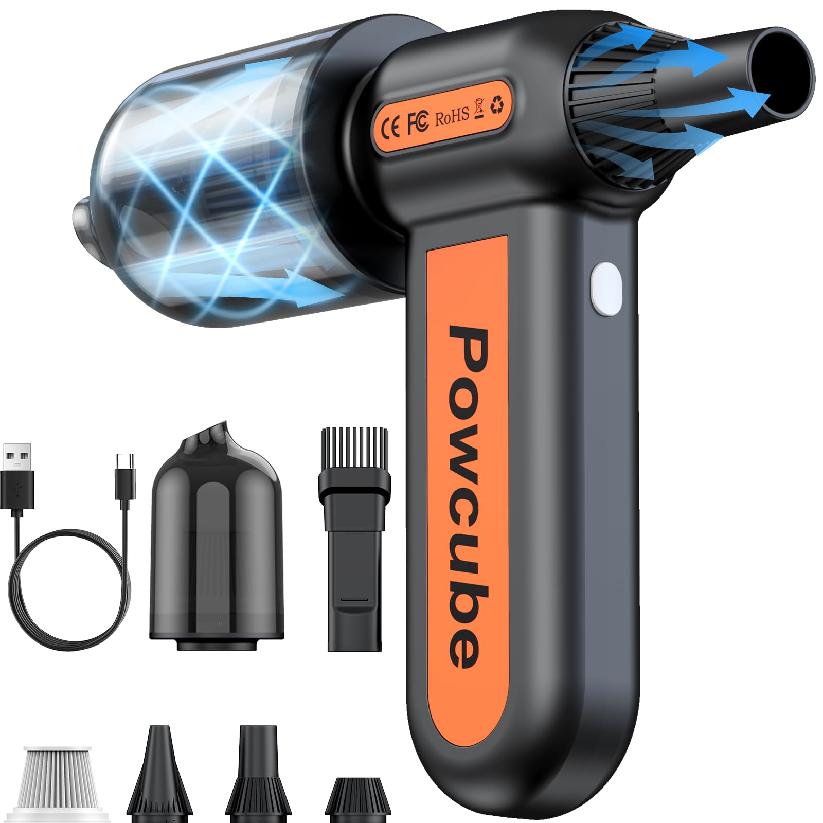 POWCUBE FT06 2-in-1 handheld vacuum and air duster with its attachments